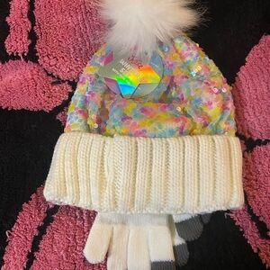 Justice Sequin Beanie and Glove Set with White Pom-Pom